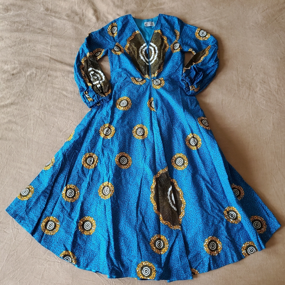 African Print Blue Half Zip Women's Dress L/XL